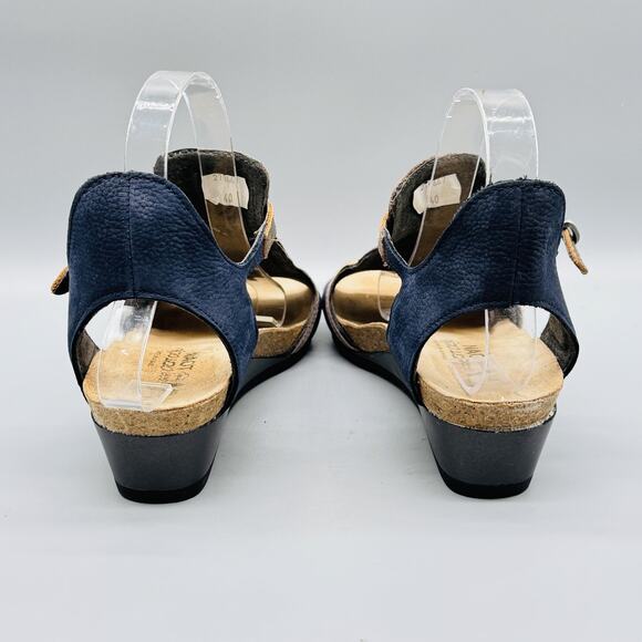 Naot Sandals Womens 9 Blue Leather Fiona Wedge Slingback T Strap Adjustable Cork - Picture 7 of 10